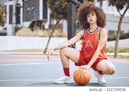 Basketball court, sports and black woman with fashion living a healthy, fitness and exercise culture lifestyle. Portrait of cool, swag and afro girl with wellness, natural beauty and empowerment Basketball court, sports and black woman with fashion living a healthy, fitness and exercise culture lifestyle. Portrait of cool, swag and afro girl with wellness, natural beauty and empowerment 122729036