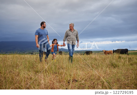 Farmer family walking on a cattle or livestock farm teaching and learning together. Generations of a happy father, grandfather and grandchild bonding on sustainability agriculture land Farmer family walking on a cattle or livestock farm teaching and learning together. Generations of a happy father, grandfather and grandchild bonding on sustainability agriculture land 122729195
