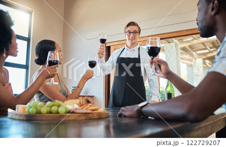 Toast, friends and brunch or red wine tasting at farm real estate house for celebration event with food, grapes and alcohol. Wow, group vacation to vineyard for spring party drinks in a glass 122729207