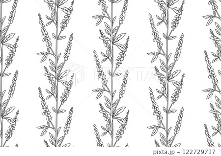 Line art botanical abstract seamless plant pattern with wildflowers vector illustration. Black and white outline repeating floral background. Graphic design for Wallpaper Textile Cover Birthday Card 122729717
