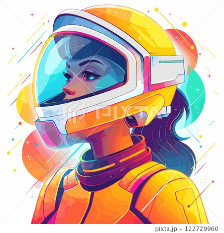 Woman in a yellow spacesuit is looking out of a helmet 122729960
