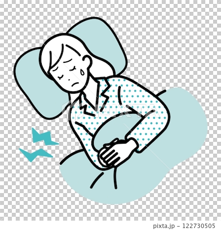 Illustration of a woman lying down with stomach pain Illustration of a woman lying down with stomach pain 122730505