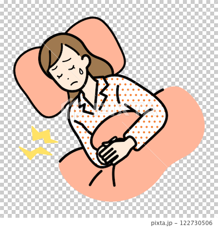 Illustration of a woman lying down with stomach pain 122730506