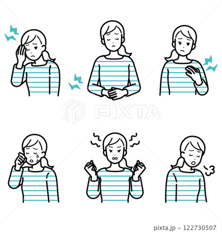 生理やPMSで起こる女性の不調イラストセット 生理やPMSで起こる女性の不調イラストセット 122730507