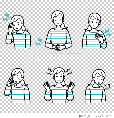Illustration set of women's discomfort caused by menstruation and PMS Illustration set of women's discomfort caused by menstruation and PMS 122730507