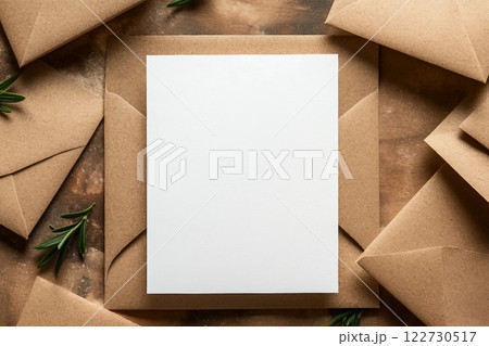 Blank white card with kraft brown paper envelope template mock up 122730517