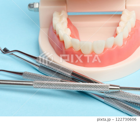 Plastic model of human jaw and medical instruments on blue background Plastic model of human jaw and medical instruments on blue background 122730606