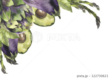 Green and violet fresh vegetables frame with artichoke,avocado,eggplant and asparagus watercolor illustration. Hand drawn vegan banner,superfood clipart for fresh grocery market label, logo design. 122730621