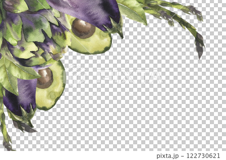 Green and violet fresh vegetables frame with artichoke,avocado,eggplant and asparagus watercolor illustration. Hand drawn vegan banner,superfood clipart for fresh grocery market label, logo design. 122730621