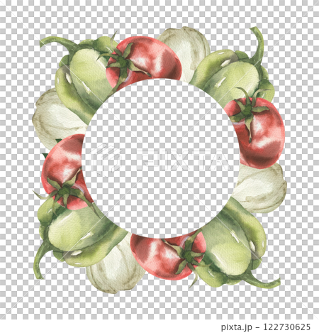 Vegetables round frame with watercolor red tomato,green pepper and onion shallot illustration. Hand drawn vegan organic food wreath, salad ingredients clipart for grocery shop packing, logo design Vegetables round frame with watercolor red tomato,green pepper and onion shallot illustration. Hand drawn vegan organic food wreath, salad ingredients clipart for grocery shop packing, logo design 122730625