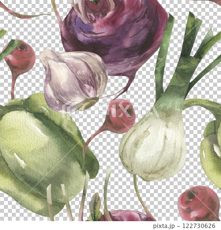Vegan food seamless pattern with watercolor pepper,onion shallot, garlic, kohlrabi and radish illustrations. Hand drawn vegetables background for grocery shop wallpaper,packing,textile design 122730626
