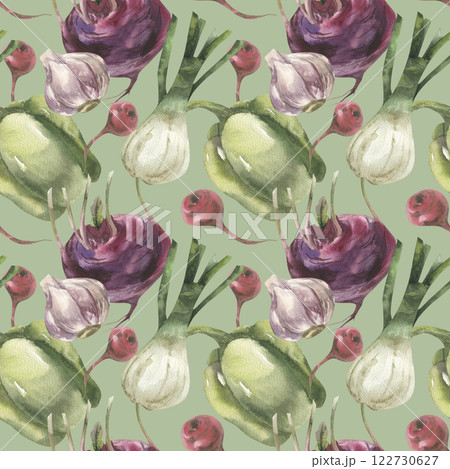 Vegan food seamless pattern with watercolor pepper,onion shallot, garlic, kohlrabi and radish on green. Hand drawn vegetables background for grocery shop wallpaper,packing,textile design. Vegan food seamless pattern with watercolor pepper,onion shallot, garlic, kohlrabi and radish on green. Hand drawn vegetables background for grocery shop wallpaper,packing,textile design. 122730627
