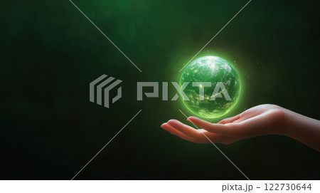 Glowing green orb floating above hand, symbolizing energy and sustainability 122730644
