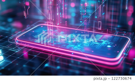 Futuristic Holographic Interface on a Smartphone in a Cyber City Futuristic Holographic Interface on a Smartphone in a Cyber City 122730674