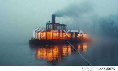 Serene River Cleanup at Dawn with an Eco-Friendly Boat 122730675
