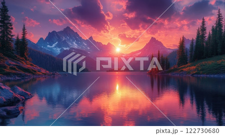Majestic Mountain Reflection at Sunset: Nature's Spectacular Display 122730680