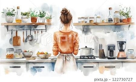 家事をする主婦の後ろ姿_ライフスタイル_水彩イラスト 122730727