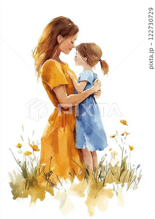 植物に囲まれる幸せな親子の水彩イラスト 122730729