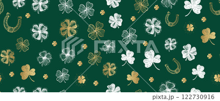 Patricks Day, clover pattern on green. Hand drawn illustrations Patricks Day, clover pattern on green. Hand drawn illustrations 122730916