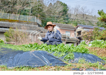 畑作業をする女性 田舎暮らし 家庭菜園 畑作業をする女性 田舎暮らし 家庭菜園 122730948