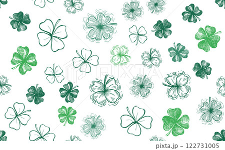 St. Patricks Day, clover pattern on white. Hand drawn illustrations	 122731005
