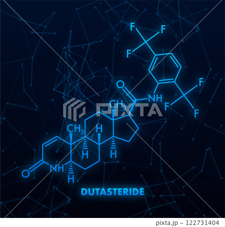 Dutasteride chemical formula, structural model illuminating on dark background 122731404