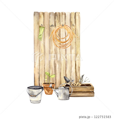 a rustic garden shed wall with hanging tools a rustic garden shed wall with hanging tools 122731583
