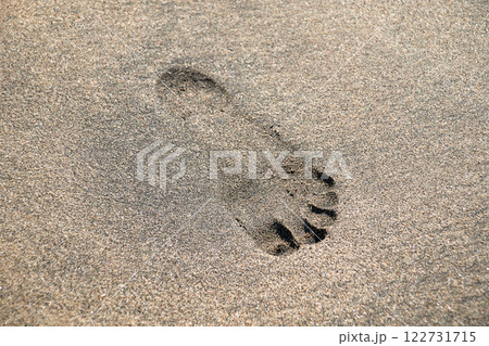 a left footprint in the beige wet sand a left footprint in the beige wet sand 122731715