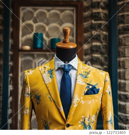 Elegant yellow men's suit on a mannequin. 122731803