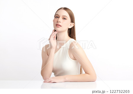 Beautiful young woman with clean fresh skin on white background, Face care, Facial treatment, Cosmetology, beauty and spa, women portrait. Beautiful young woman with clean fresh skin on white background, Face care, Facial treatment, Cosmetology, beauty and spa, women portrait. 122732203