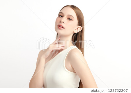 Beautiful young woman with clean fresh skin on white background, Face care, Facial treatment, Cosmetology, beauty and spa, women portrait. Beautiful young woman with clean fresh skin on white background, Face care, Facial treatment, Cosmetology, beauty and spa, women portrait. 122732207