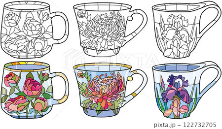 Decorative Vintage Teacups. Hand Drawn Illustration. Color and outline set 122732705