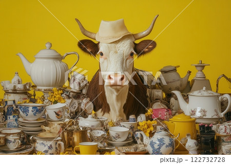 Cow wearing straw hat posing with teacups and teapots on yellow background 122732728