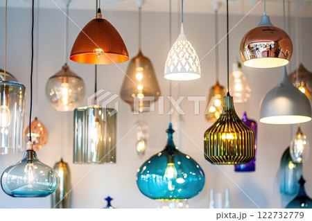 Modern pendant lights, vintage light bulb in modern house interior. Hanging ceiling light in a lighting store for home, office. Various decorative metal and glass geometric lamps. Suspended chandelier 122732779