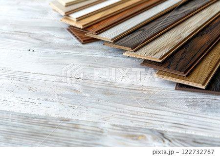 Laminate samples. Production of vinyl, veneer material floors. Home Decor Floor Samples. Parquet with wood pattern texture for flooring interior design. Wood chipboard. Construction finishing, advert 122732787