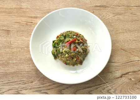 mashed spicy and sour eggplant salad Thai eastern style food on plate mashed spicy and sour eggplant salad Thai eastern style food on plate 122733100