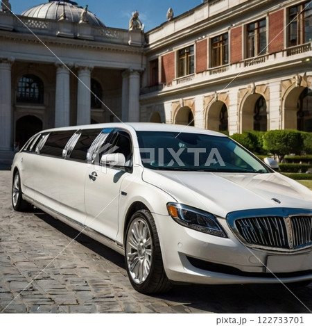 Luxurious white stretch limousine in front of a historic building. Luxurious white stretch limousine in front of a historic building. 122733701