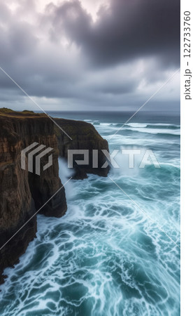Stormy seascape with ocean waves crashing on the rocks 122733760