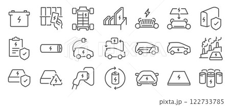 Car battery icon set. It includes electric, charge, electric car, ev, renewable, and more icons. Editable Vector Stroke. 122733785