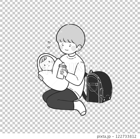 Young Carer Monochrome illustration of a child taking care of a baby 122733812
