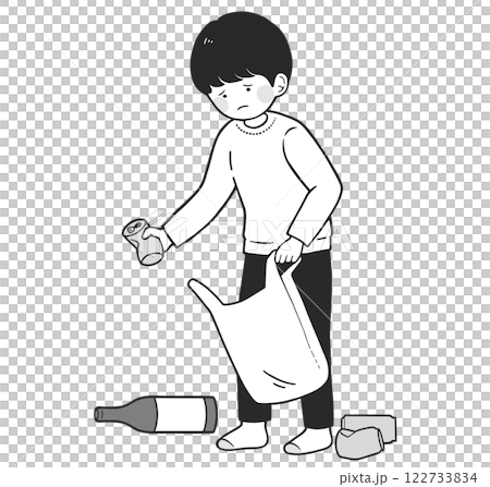 年輕護理員 孩子在室內撿空罐子的單色插圖 122733834