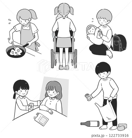 社会問題 日常的に家事や家族の世話を行うヤングケアラーのモノクロイラストセット 社会問題 日常的に家事や家族の世話を行うヤングケアラーのモノクロイラストセット 122733916