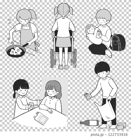 社會問題 每天做家事和照顧家人的年輕護理人員的單色插圖集 122733916
