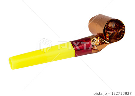 Party foil horn noisemaker isolated on the white background Party foil horn noisemaker isolated on the white background 122733927