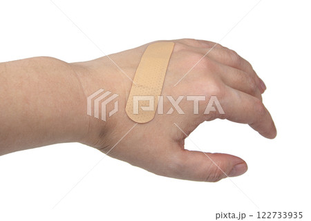 Medical patch plaster on woman hand isolated on the white background 122733935