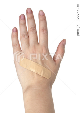 Medical patch plaster on woman hand isolated on the white background Medical patch plaster on woman hand isolated on the white background 122733936