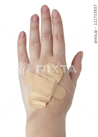 Medical patch plaster on woman hand isolated on the white background Medical patch plaster on woman hand isolated on the white background 122733937