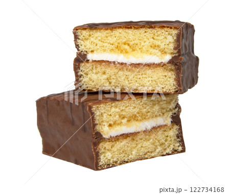 Biscuit cake with cream filling glazed chocolate isolated on the white Biscuit cake with cream filling glazed chocolate isolated on the white 122734168