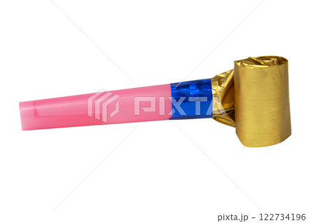 Party horn whistle foil gold isolated on the white background 122734196