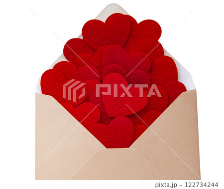 Brown craft envelope with felt hearts filling isolated on the white 122734244